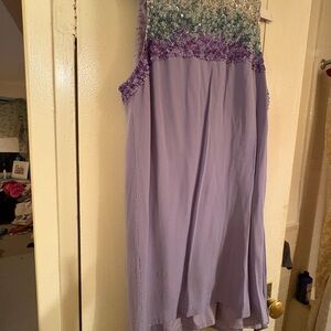 Glittering lavender French Connection dress comfy and spicy fun. Lined
